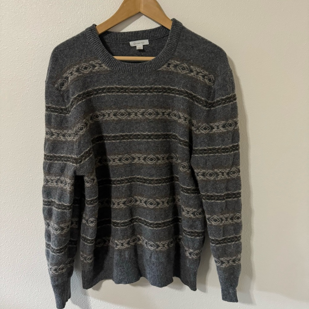 Garnet Hill Lambswool Jacquard Knit Crew Grandpa Sweater Gray Fair Isle-Large